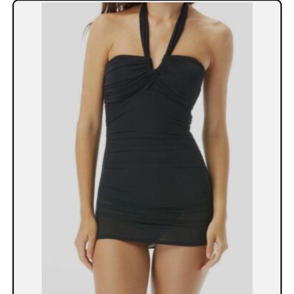 Carmen Marc Valvo Black Halter One Piece with Mesh Overlay